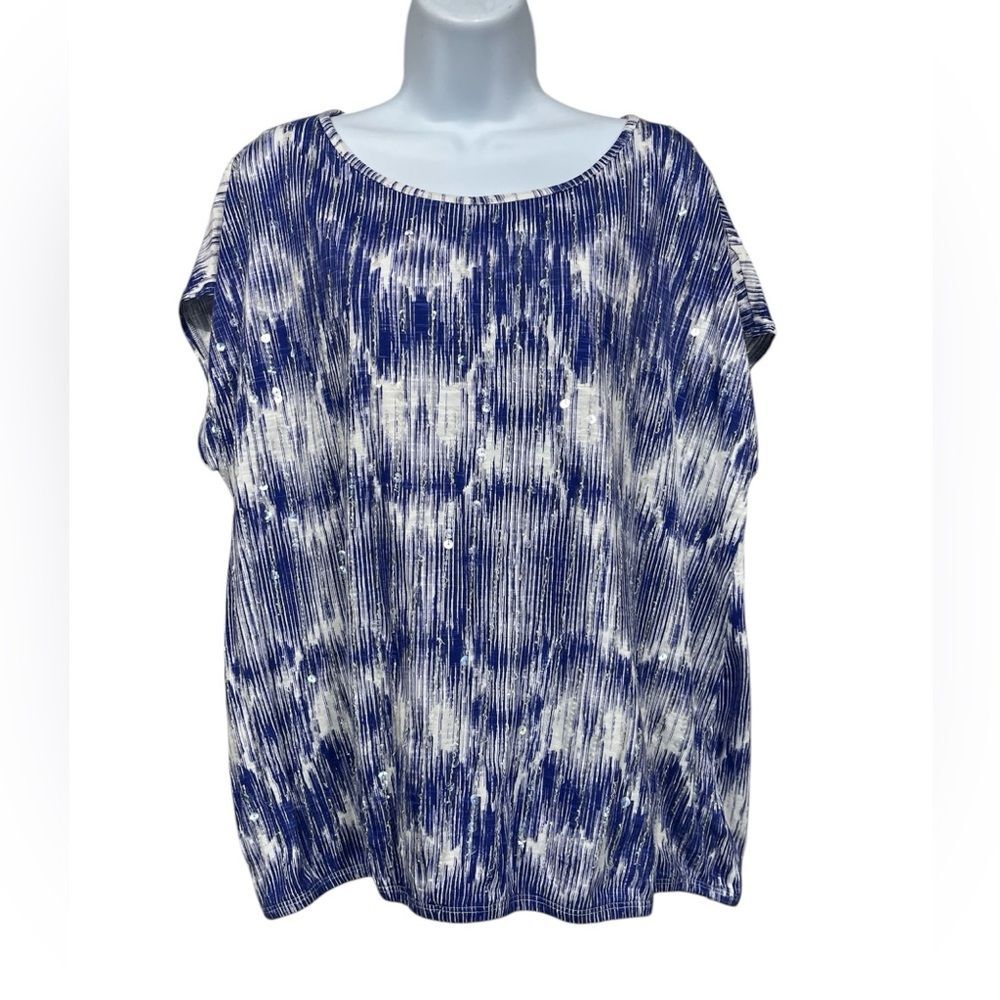 Chico's Blue and White Patterned sequins Top EUC xl